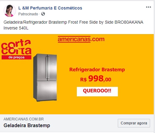 Imagem: Golpe no Facebook com Lojas Americanas e Refrigerador Brastemp Frost Free Side by Side BRO80AKANA Inverse 540L.